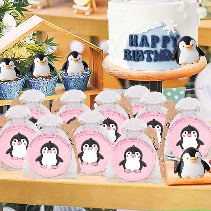 15 Pack Penguin Mini Coin Purses with Keyring for Penguin Winter Themed Party,Goodie Stuffer,Present for Friends,Guest Return Gift, Baby Shower,Birthday Party,Pink