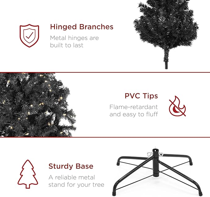 Best Choice Products Artificial Christmas Tree, 9ft Premium Pre-Lit Realistic Spruce Holiday Décor w/Dense Branches, Metal Base - Black Spruce