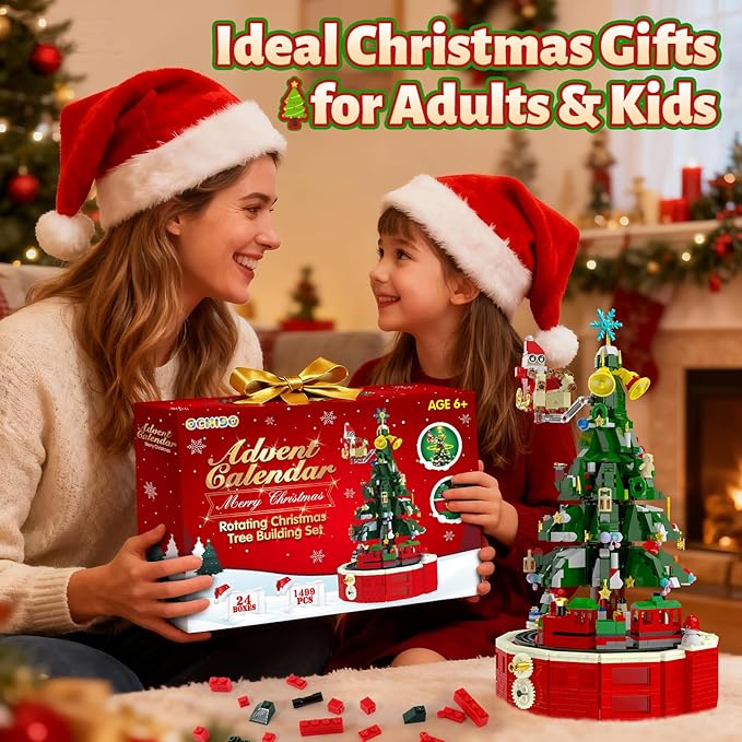 Ochido Advent Calendar 2025 Rotating Christmas Tree Building Blocks Kit, 24 Days Christmas Countdown Toy Building Set, Christmas Advent Calendars for kids Ages 6+, Xmas Gifts for Adults Teens Kids