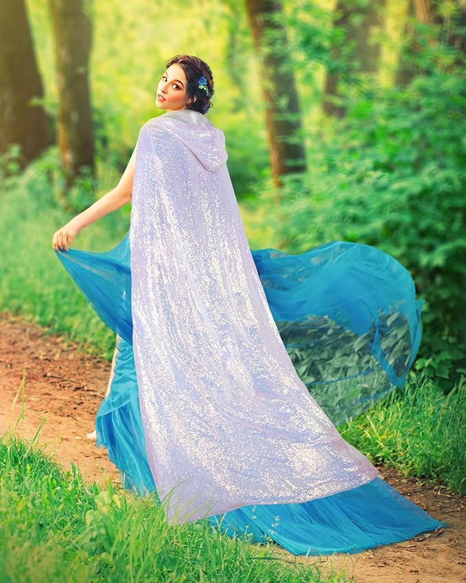 Suhine Halloween Sequins Women Princess Hooded Cape Costume Shiny Fairy Mermaid Cloaks for Cosplay Party God Christmas