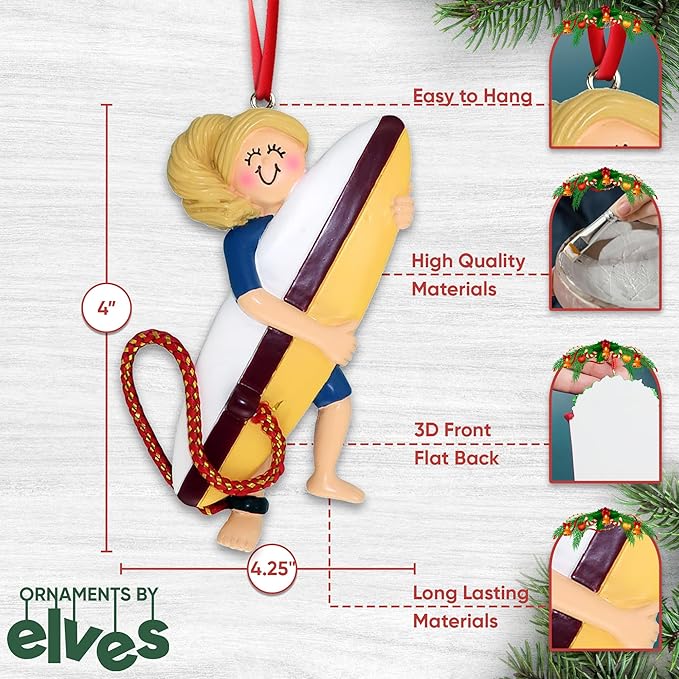 Personalized Surfboard Ornaments 2025 - Blonde Surfer Girl Beach Ornaments Surfer for Christmas Tree Surfboard Decor Surfing Ornament Gifts for Surfers Beachy Christmas by Elves