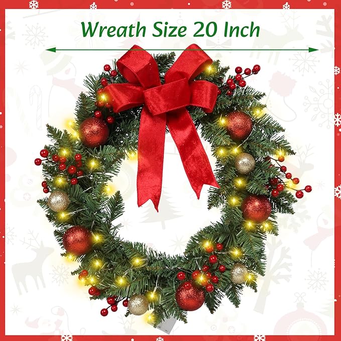20" Large Christmas Wreath with LED Lights Winter Wreaths for Front Door or Wall Powered by 3AA Batteries for Indoor Outdoor Party Christmas Decorations