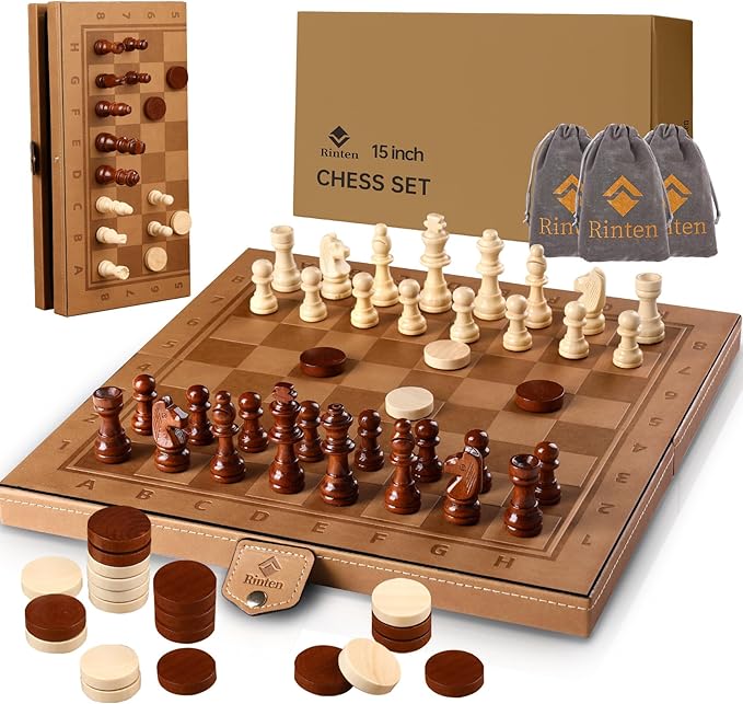 15" Magnetic Chess Set & Checkers Set 2 in 1，Rinten Leather Portable Travel Chess Board Game Sets with Velvet Bag Packaging Beginner Large Chess Set for Kids and Adults