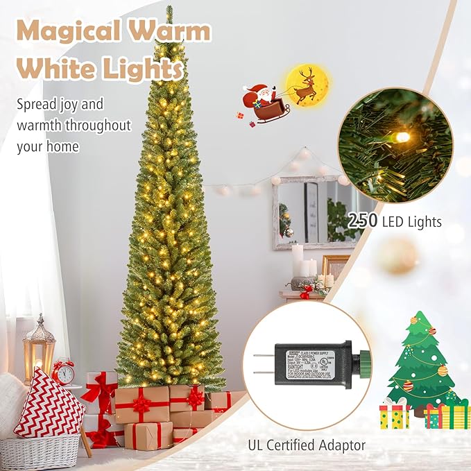 GOFLAME 8FT Prelit Pencil Christmas Tree, Slim Artificial Xmas Tree with 671 Memory Wire Branch Tips, 250 Warm White LED Lights & Upgraded Metal Stand, Seasonal Holiday Decoration Tree for Home Party