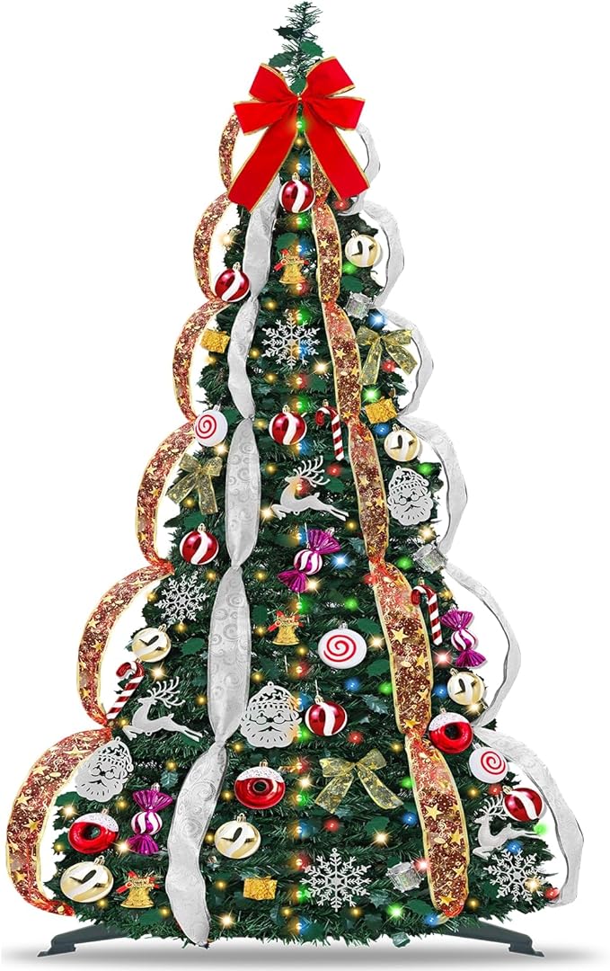 6.5 FT Prelit Pop Up Christmas Tree with 220 Warm White & Multicolor Lights 8 Modes & Timer Fully Decorated 103 Ornaments, Collapsible Pull Up Christmas Tree with Lights for Indoor Home Party Decor