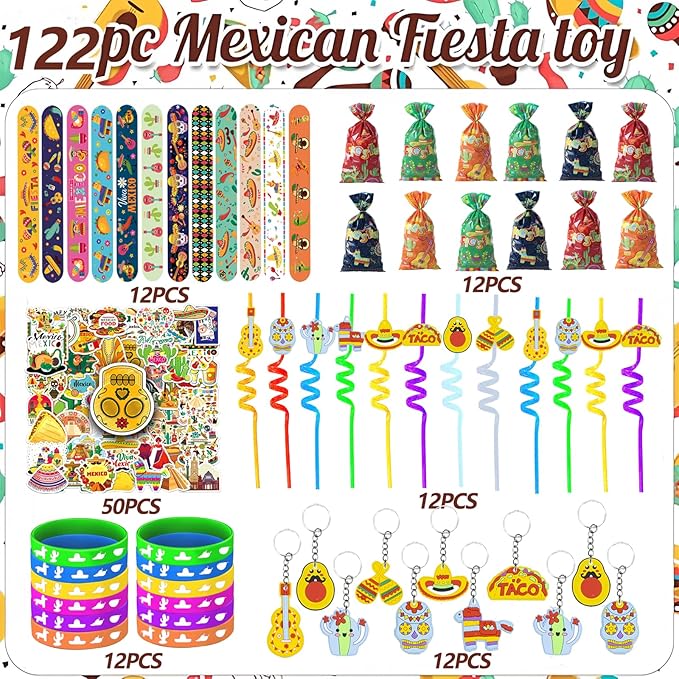Mexican Fiesta Party Favor 122 PCS Mexican Themed 12 Slap Bracelets 12 Silicone Bracelets 50 Stickers 12 glitter drinking straws 12 Fiesta Keychains 12 Candy Bags 12 Bubble Wands for Mexican Party