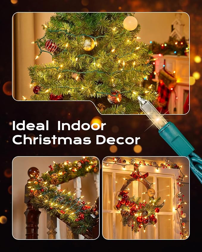 Brightown Clear Christmas String Lights, 200-Count 50ft Incandescent Bulb Mini Lights for Indoor Holiday Decor, Christmas Tree Garland Wedding Party Multi-Use Festival Decoration, Green Wire