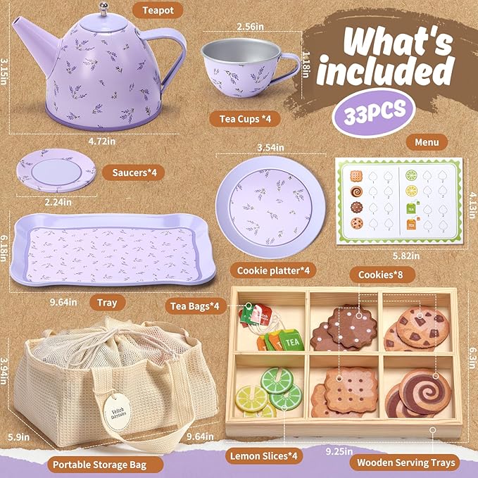 Kids Tea Party Set for Little Girl, Tea Sets for Toddler Pretend Play Food Kitchen Toy Accessories Gift for 3 4 5 6 Years Old Girls Boys (Purple)