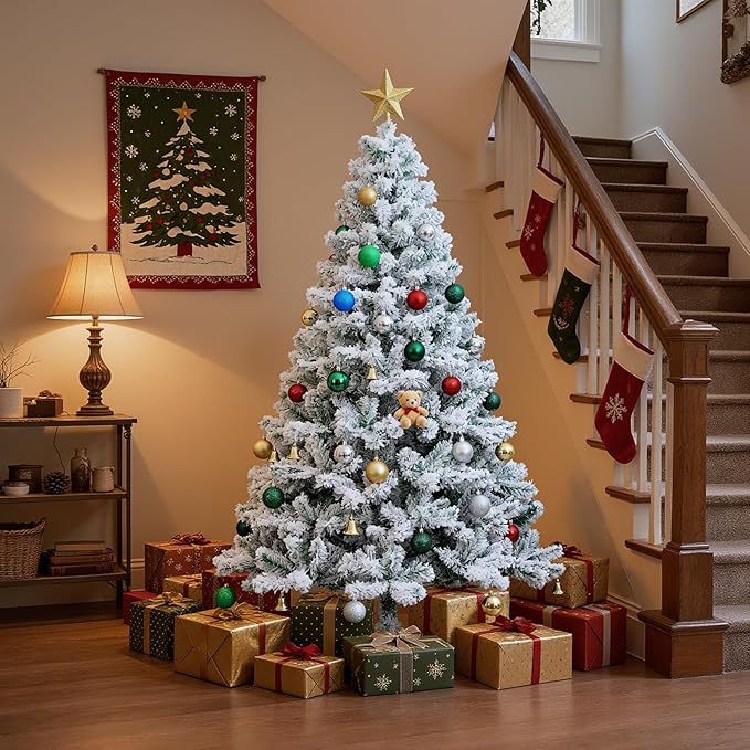 Beyond 7FT Snow Flocked Artificial Full Christmas Tree, Hinged Spruce Christmas Tree with 1300 Branch Tips, Xmas Tree with Metal Stand for Home, Party Decoration, White