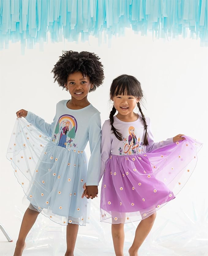 Disney Frozen Elsa Princess Cinderella Ariel Jasmine Rapunzel Baby/Toddler Dress, Ruffle Long-Sleeve Mesh Overlay Tulle Dress