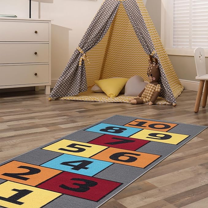 Ottomanson 2'7" x 6' Hopscotch Kids Rug - Play Mat for Playroom, Bedroom, Daycare & Classroom - Fun & Interactive Game Carpet - Durable and Non-Slip - Perfect for Learning & High-Traffic Areas, Gray