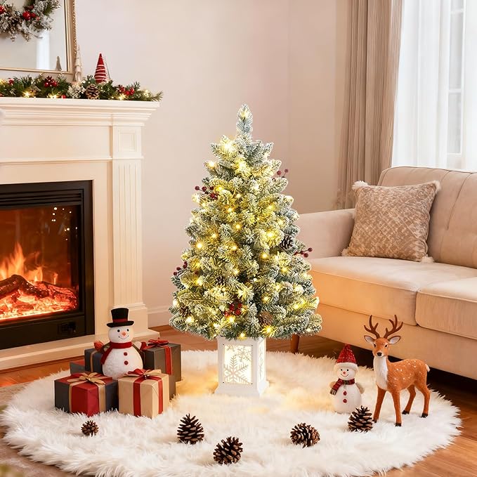 3 Ft Pre-Lit Christmas Tree, Frosted Artificial Christmas Tree with 78 Led Lights,8-Mode Battery Box,Timer Battery,Red Berry,Christmas Decoration for Home, Office,Fireside,Easy Installation