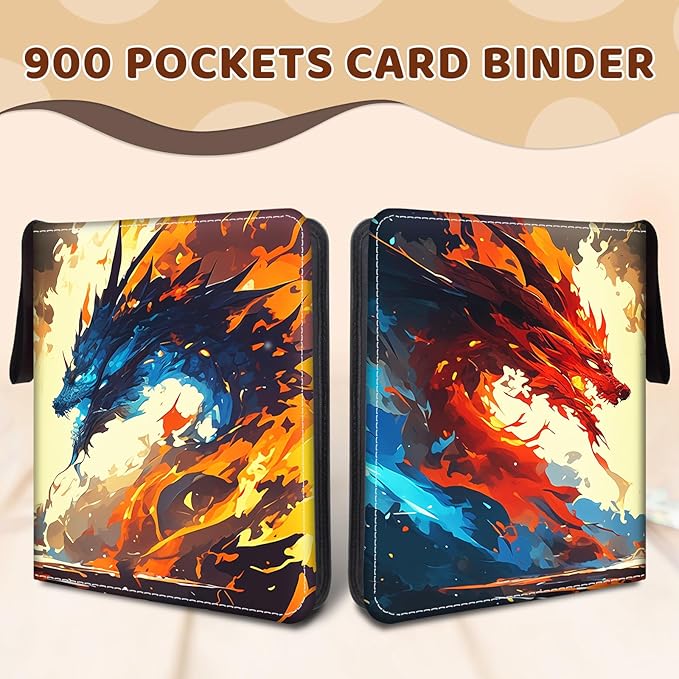 Trading Card Storage Album, Card Binder with 50 Durable 9-Pocket Pages, Ice Fire Dragon Design on Pocket Card Packs, Thanksgiving Christmas Gifts for Collectors, Zipper Closure Album