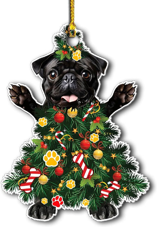 2025 Black Pug Dog Christmas Ornament - Adorable Dog Dressed as a Christmas Tree - Fun and Festive Acrylic Decoration (Black Pug Tree)