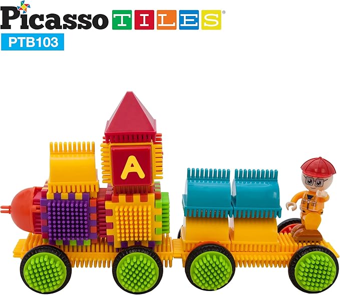Picasso Toys PTB103 Alphabet & Numerical Train 103pc Hedgehog Block Shape Blocks Building Tiles Set Construction Learning Toy Stacking Educational Block, Creativity Beyond Imagination, Inspirationa