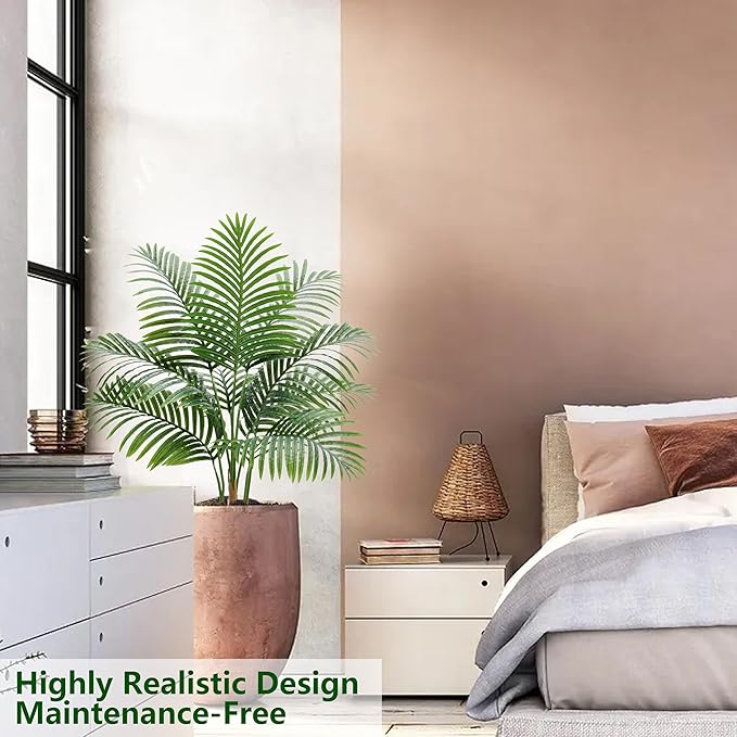 2 Pack Artificial Palm Tree Indoor Plant 3FT Tall Fake Tropical Palm Tree in Pot, Real Bark Design Faux Areca Palm Tree for Home Office Living Room Bedroom Farmhouse Modern Outdoor Topiary Tree