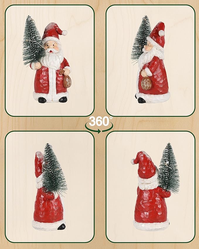 iStatue 2-Pack Lighted Santa Resin Figurines with Christmas Trees, 5" Mini Christmas Decorations, Battery Powered Warm White LED Hand-Painted Tabletop/Mantel Holiday Decor Gifts (Red Santa)