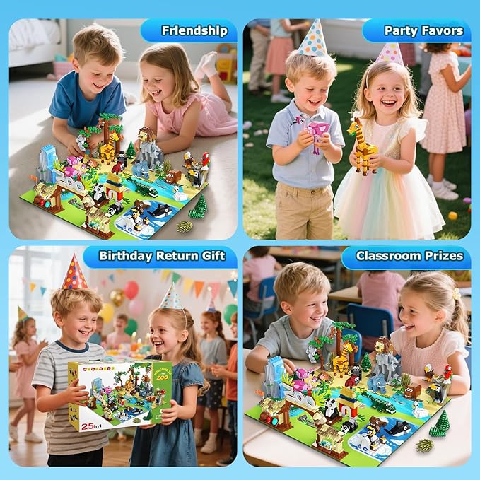 HOGOKIDS 25 Animals Zoo Building Set with Play Mat - 8 Pack Zoo Scene modules Building Blocks Toy for Party Favors Goodie Bag Classroom Prizes Fillers Birthday Gifts for Kids Boys Girls 6+ (1460PCS)