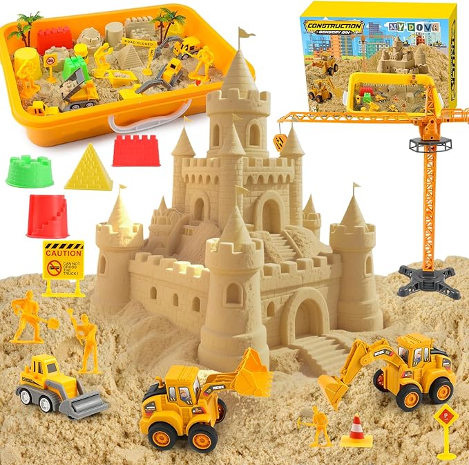 Sand Construction Site Kit - Play Sand Art Kit with 7 Construction Truck, 2lbs magic sand, Castle Molds, Crane, construction sensory bin for Preschool Learning Activities Gifts for Boys Girls Age 3+