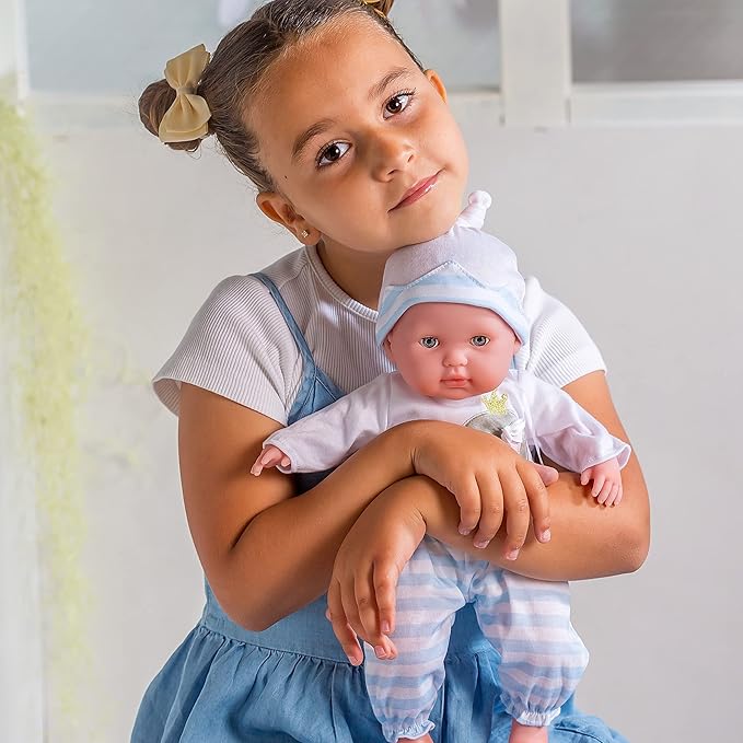 15" Realistic Soft Body Baby Doll with Open/Close Eyes | JC Toys - Berenguer Boutique | 10 Piece Gift Set with Bottle, Rattle, Pacifier & Accessories | Blue | Ages 2+