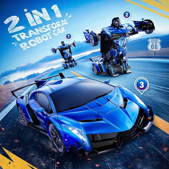 V991 Transform Remote Control Car, 1:10 Big Size, 2 Rechargeable Batteries for 70Min, 2.4GHz Gesture Sensing, One-Key Deformation, Robot Toys Gifts for Boys and Girls (Blue)