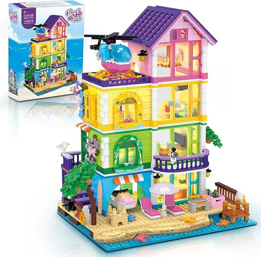 Girl Beach House Building Set with LED Light, NO Compatible with Lego 1346PCS Friends Seaside Villa Building Toy with Plane and Boat, Colorful 4 Floor Garden Home Gifts for Christmas, Valentine's Day
