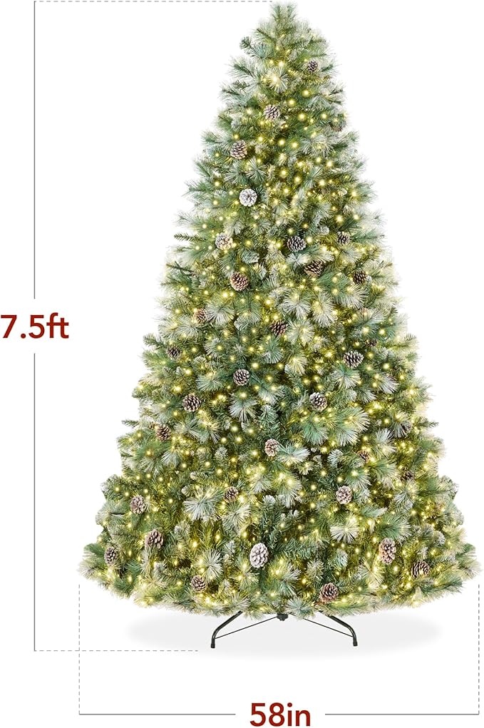 Best Choice Products 7.5ft Pre-Lit Scotch Pine Christmas Tree, Premium Frosted Pre-Decorated Artificial Holiday Decor w/ 1,320 Branch Tips, 2-in-1 White and Multicolor LED Lights, Cordless Setup