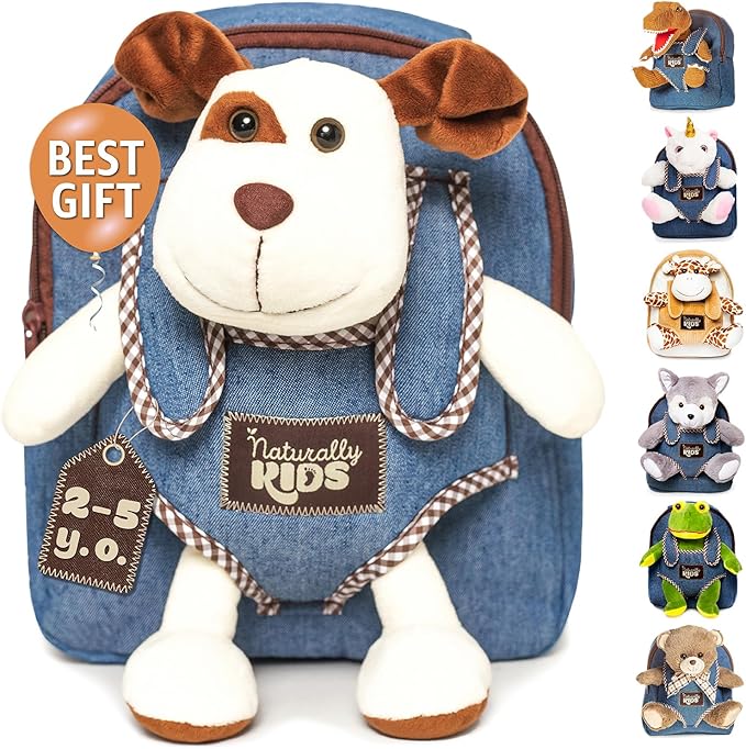 Naturally KIDS Dog Backpack, Dog Toys for Toddlers, Toddler Stuffed Animals Gifts for 2 3 4 5 Year Old Girl Boy