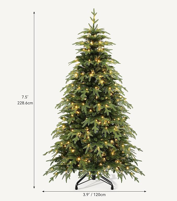 DWVO 7.5ft Prelit Christmas Tree with Lights, Full Downswept Artificial Fir Twinkle Christmas Tree with 2199 Metal Hinged Flame Resistant PE & PVC Branches and 400 Lights 11 Modes Remote Controlled