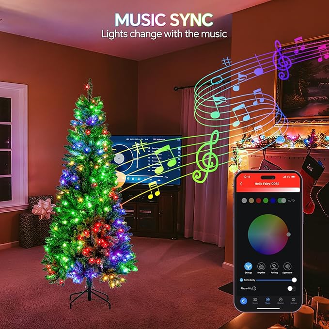 6FT Prelit Christmas Tree with 250 LED Lights, App Controlled Artificial Christmas Tree with Multi-Color RGB Lights & Music Sync, Slim Pencil Christmas Tree for Home Christmas Decorations