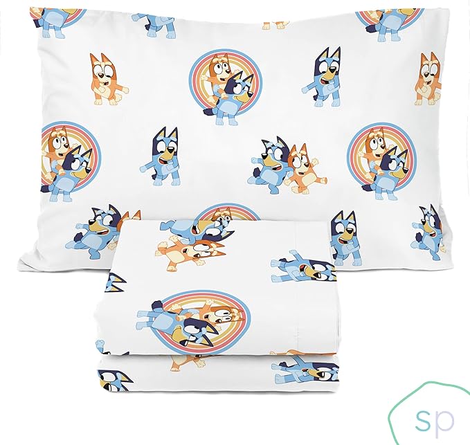 Saturday Park Bluey and Bingo Rainbow Clouds Twin Sheet Set - 3 Piece 100% Organic Cotton Sheets with Pillow Cover- GOTS & Oeko-TEX Certified