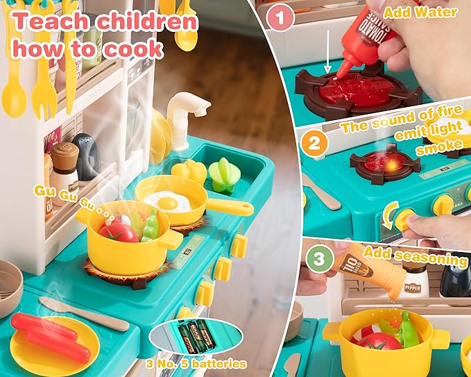 Kids Kitchen Play Set，Interactive Kids Kitchen Play Set with 50Pcs of Pretend Kitchen Toys，Realistic Sound Effects，and Simulated Functionality - Suitable for Toddlers Aged 3-5 Years (Green)