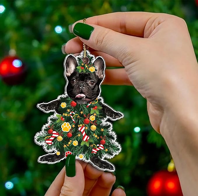 2024 Black French Bulldog Christmas Tree Ornament - Festive Holiday Hanging Decoration with Adorable Frenchie Dog - Black French Bulldog Christmas Tree Topper Ornaments