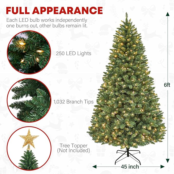 6 ft Lighted Christmas Tree, Artificial Christmas Tree with 250 Warm White Lights, 1032 Branch Tips, Hinged Branches and Metal Stand