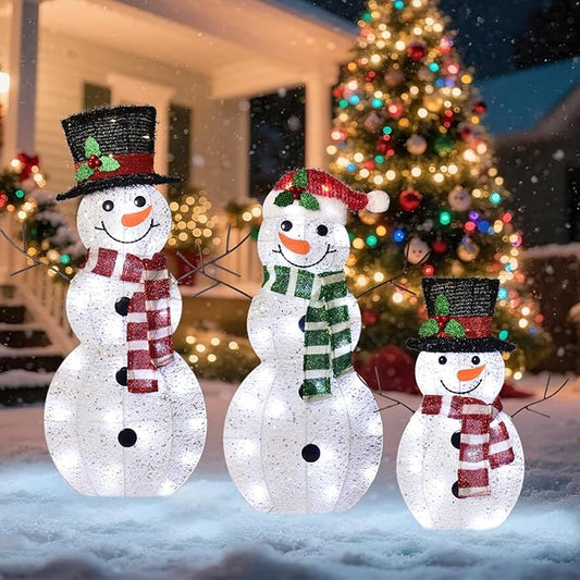 3-Piece 2D Light-Up Christmas Snowman Family Set - Large Outdoor Yard Decoration Holiday Decor with 80 LED Warm White Lights