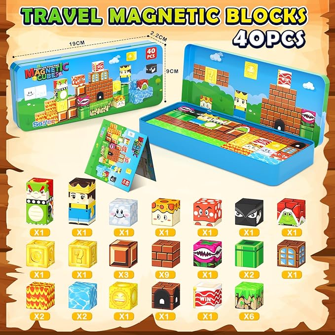 Soyee Magnetic Blocks Travel Toys with Portable Metal Tin - STEM Magnet Building Blocks Toddler Kids Toys for 3 4 5 6 7 8 Year Old Boys & Girls Xmas Birthday Gifts Stocking Stuffers Party Favor
