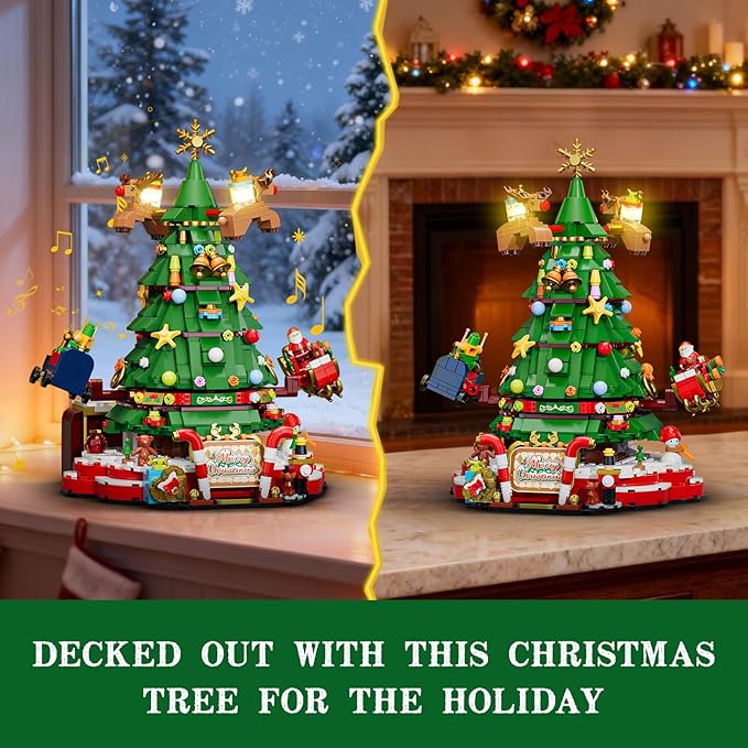 JAKI Christmas Tree Building Set, Rotating Music Box Christmas Tree with Lights, Christmas Decorations for Tabletop & Home, for Boys & Girls Ages 8+