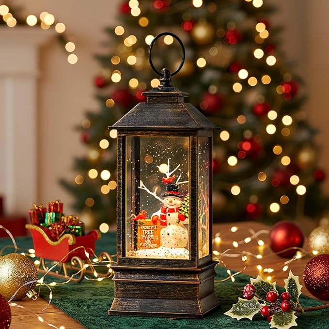 Christmas Snow Globe Lantern Water Glittering Snowman Christmas Tree Crown with Music, USB Lined Operated Lighted Lantern for Christmas Festival Decoration Gifts