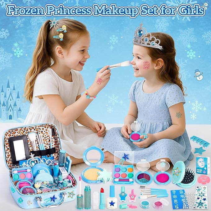Kids Makeup Set for Girls Toys, 34Pcs Washable Princess Frozen Make Up Kit w/ Dress Up Accessories, Christmas Birthday Princess Gifts Toys for Girls Kids Toddlers Age 3 4 5 6 7 8 9 10 11 12