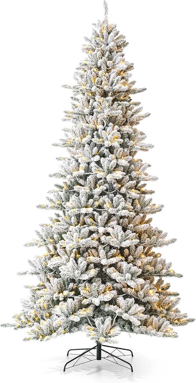 Glitzhome 9ft Pre-Lit Snow Flocked Fir Artificial Christmas Tree, Holiday Xmas Tree with 650 Warm White Lights and Sturdy Metal Stand for Home, Office, Party Decoration