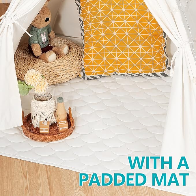 Sumbababy Teepee Tent for Kids Tent Indoor with Mat - 100% Cotton White Toddler Tee Pee Tents Play House- Collapsible Tents for Slumber Party - Washable Tipi Boho Bedroom Gift Toys for Girls & Boys