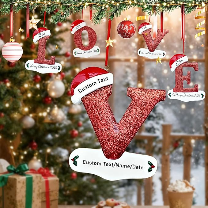 Personalized Letter Christmas Ornaments 2025, Custom Xmas Ornaments Decorations for Christmas Tree with Name 3D Resin Xmas Hanging Pendant Original Gifts for Family Friends (V)