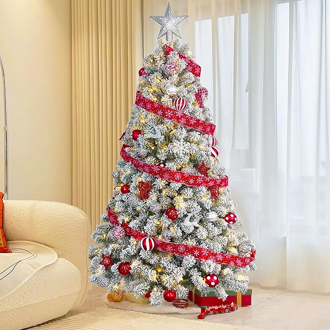 6ft Pre-lit Flocked Elwood Pine Christmas Tree with 717 Branch Tips, 300 Radiant Warm White LED Lights - Captivating Realism and Enchanting Holiday Aura