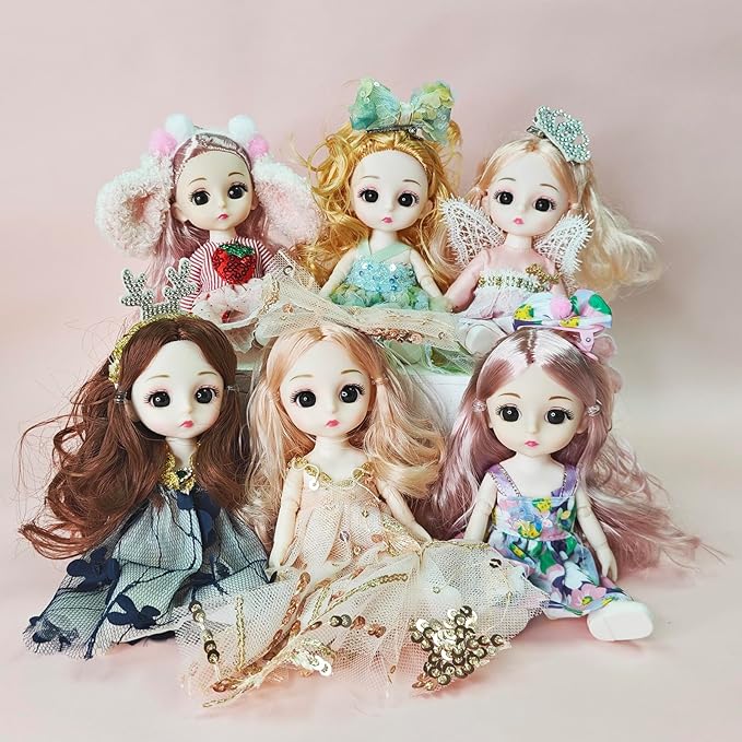 6 Pcs 6 Inch Princess Girl Mini Dolls, Small Princess Dolls, Little Girl Miniature Dolls for 3+ Year Old Girls