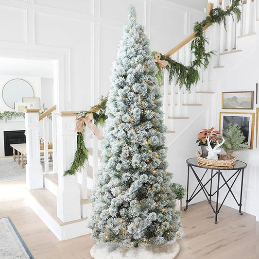 Glitzhome 9ft Prelit Christmas Tree, Flocked Pencil Artificial Christmas Tree with 500 Warm White Lights, Pine Christmas Trees w/Foldable Metal Stand for Home, Office, Party Decoration, Easy Assembly