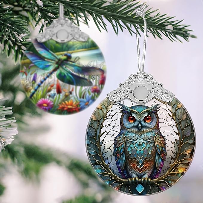 Owl Christmas Ornament - Stained Glass Hanging Tree Decoration, Holiday Home Decor, Gift Exchange Idea