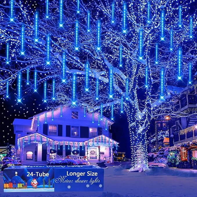 Aokudoni Outdoor Christmas Decorations: 24-Tube Meteor Shower Lights 576 LED Snow Falling Icicle Christmas Lights Outdoor for House Tree Yard Garden Xmas Decor, UL Plug, Blue