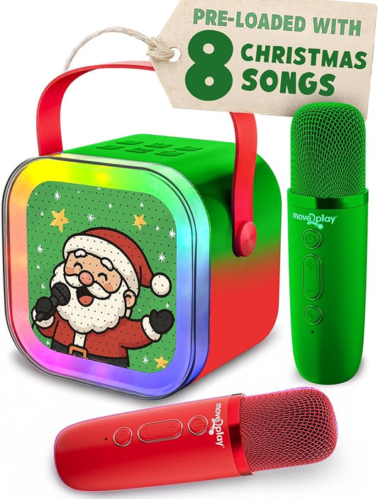 Move2Play, Christmas Karaoke Machine | Includes 8 Christmas Songs | Includes 2 Microphones | Bluetooth Wireless Music Player | Holiday Toy for Girls & Boys | Stocking Stuffer Idea