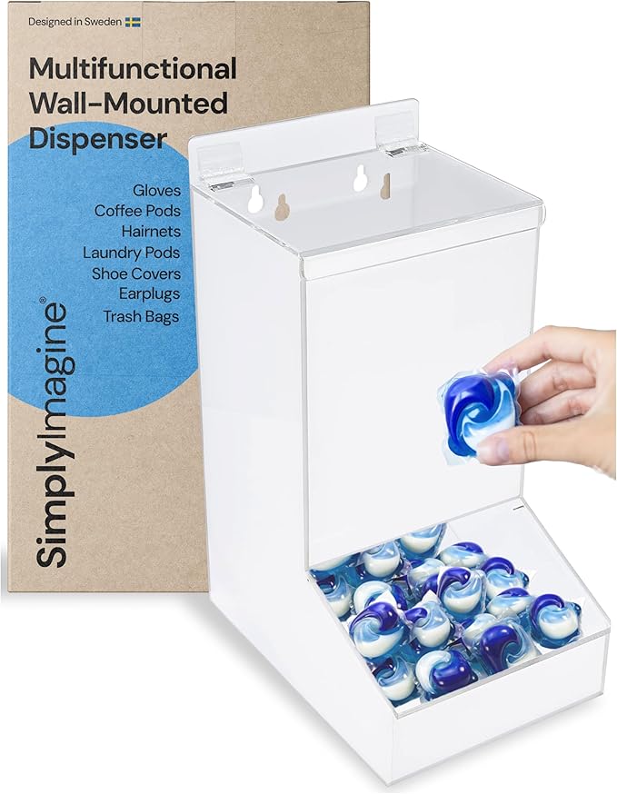Acrylic Laundry & Dishwasher Pod Dispenser - Large Clear Acrylic, 2 Lids - Wall-Mount Or Countertop Gravity Feeder - Organization & Storage for Laundry Pods & Candy Dispenser