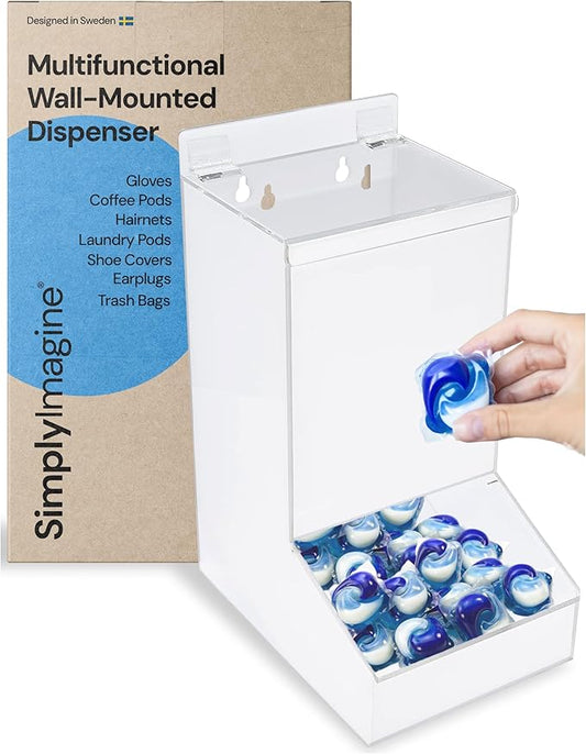 Acrylic Laundry & Dishwasher Pod Dispenser - Large Clear Acrylic, 2 Lids - Wall-Mount Or Countertop Gravity Feeder - Organization & Storage for Laundry Pods & Candy Dispenser